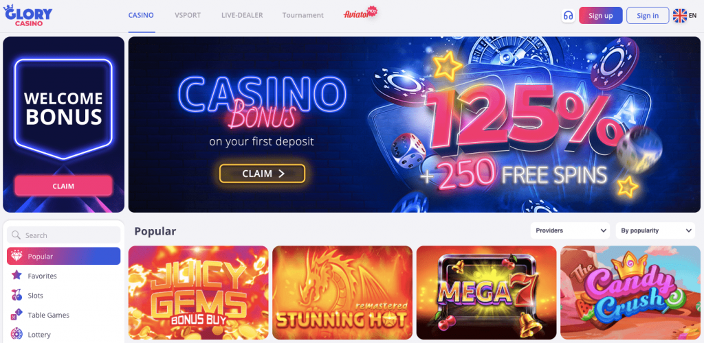 glory casino main website page