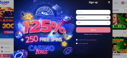 Sign up window at Glory casino with welcome bonus