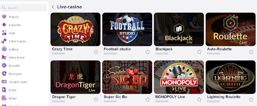 Live dealer games window: crazy time, football studio, blackjack live, Super Sic Bo live